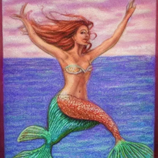 Prompt: mermaid jumping from water, pastel color fantasy art