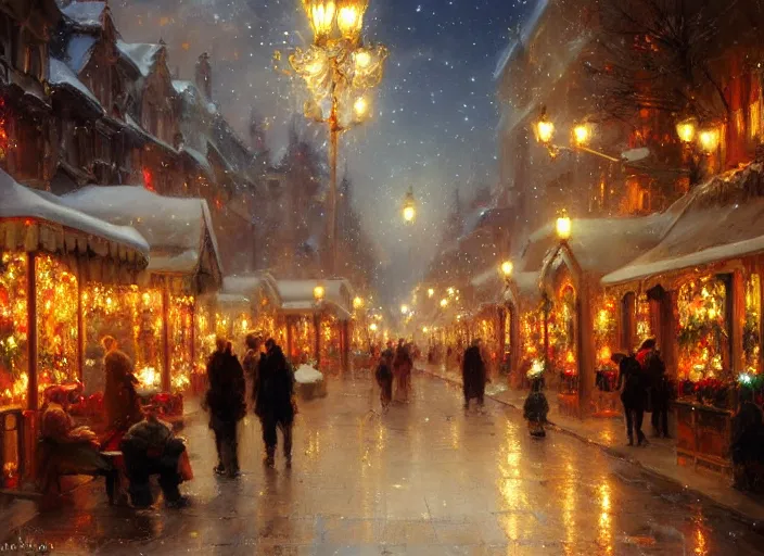 Prompt: night street on christmas by wlop and vladimir volegov and alexander averin and delphin enjolras and daniel f. gerhartz