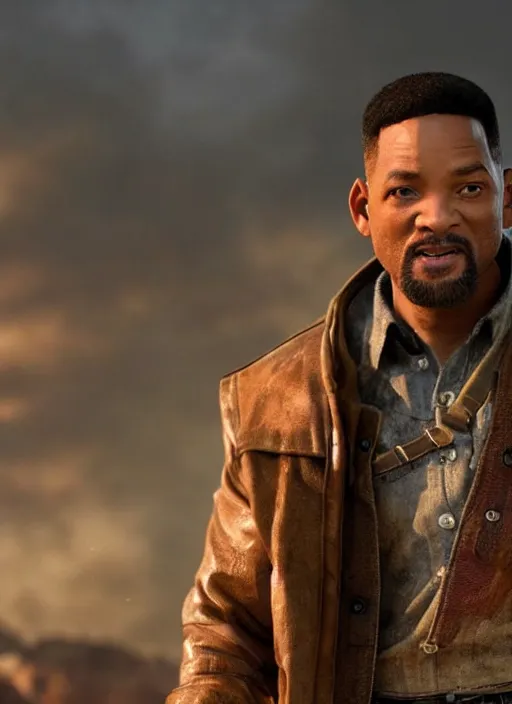 Image similar to an film still of will smith as cowboy with beard, western background, unreal engine. amazing likeness. very detailed.