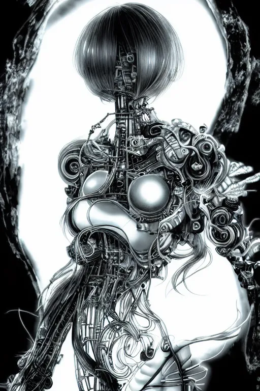 Image similar to a vertical portrait of a character in a scenic environment by Yoshitaka Amano, black and white, dreamy, cybernetic suit, wavy long black hair, highly detailed