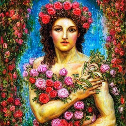 Image similar to portrait of a greek statue covered in roses, by josephine wall