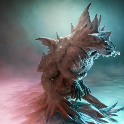 Image similar to full body pose, hyperrealistic photograph of a cute fantasy monster, dim volumetric lighting, 8 k, octane beautifully detailed render, extremely hyper detailed, intricate, epic composition, cinematic lighting, masterpiece, trending on artstation, very very detailed, stunning, hdr, smooth, sharp focus, high resolution, award, winning photo, dslr, 5 0 mm