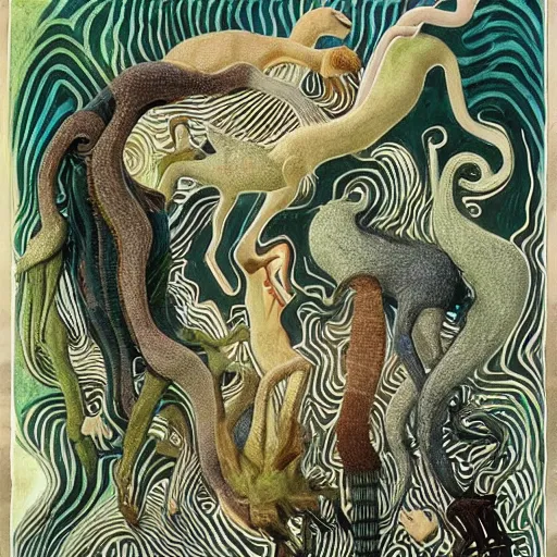 Image similar to A beautiful art installation of a group of creatures that looks like a mix of different animals. Most of the creatures have human-like features, such as arms and legs, and some are standing upright while others are crawling or flying. overhead view by Kay Nielsen soft, organic