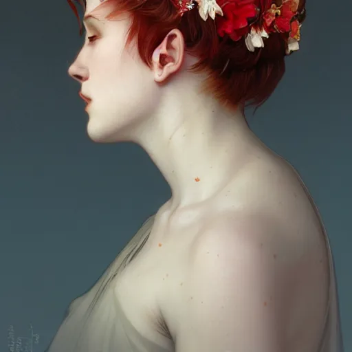 Prompt: side portrait of a beautiful girl, red hair, flower crown, white dress, headshot, hyper realistic, pale skin, 4k, rule of thirds, beautiful eyes, extreme detail, detailed drawing, trending artstation, hd, fantasy, D&D, realistic lighting, by Alphonse Mucha, Greg Rutkowski, sharp focus, backlit, elegant