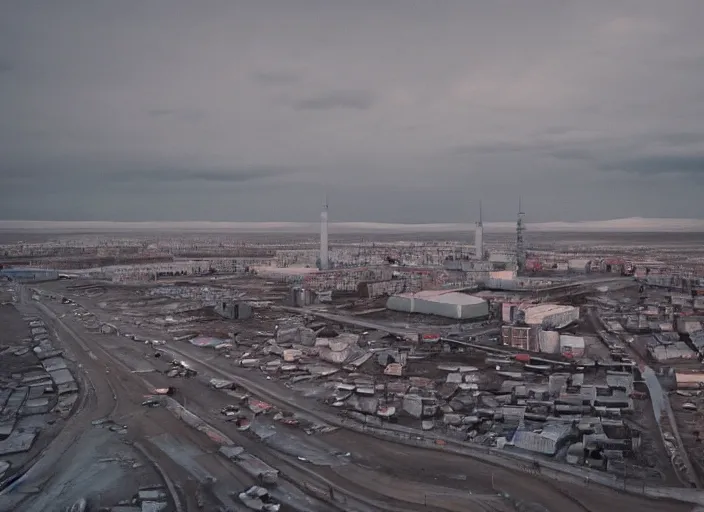 Image similar to cinematic shot of norilsk orbit city cityscape, telephoto, iconic scene from the paranoid thriller sci fi film directed by stanley kubrick, anamorphic cinematography, beautiful composition, color theory, leading lines, photorealistic, moody volumetric lighting