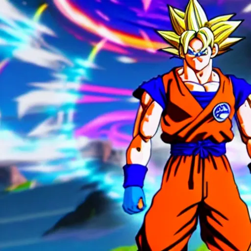 Prompt: a game still of goku in fortnite, in - game shot