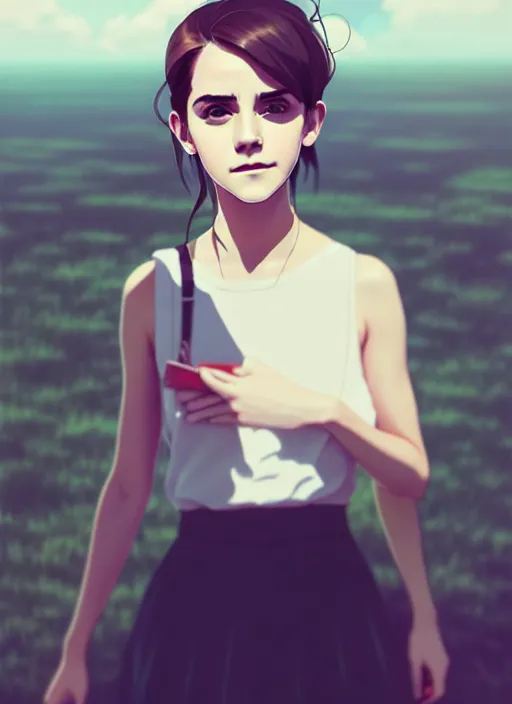 Image similar to portrait of a emma watson by ilya kuvshinov, cloudy sky background lush landscape illustration concept art anime key visual trending pixiv fanbox by wlop and greg rutkowski and makoto shinkai and studio ghibli