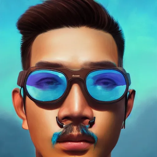 Image similar to very detailed masterpiece closeup painting of a very handsome young indonesian with small mustache cyberpunk man with light blue shutter shades, one side haircut, brown hair with light blue ends, purple leather jacket, beauty mark on cheek, portrait, synthwave background, artstation, concept art by greg rutkowski