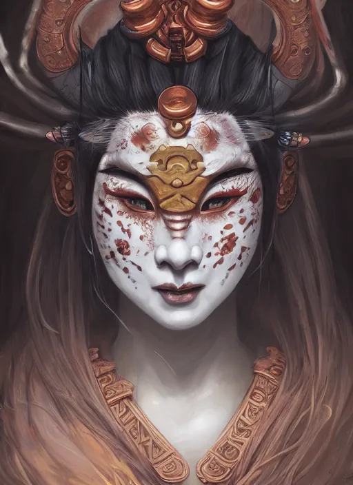 Image similar to a beautiful detailed oil on copper art illustration of a oni hannya mask shogun woman, centered, by charlie bowater, zeng fanzh, trending on artstation, dim dusk lighting, cinematic lighting, detailed lighting, volumetric lighting, realistic, f 8, 4 k hd wallpaper