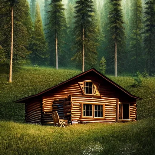 Image similar to beautiful landscape, cabin home on the top of a hill surrounded by trees, natural lighting, 35mm photography, highly detailed, 8K, artgerm, cgsociety, warm lighting