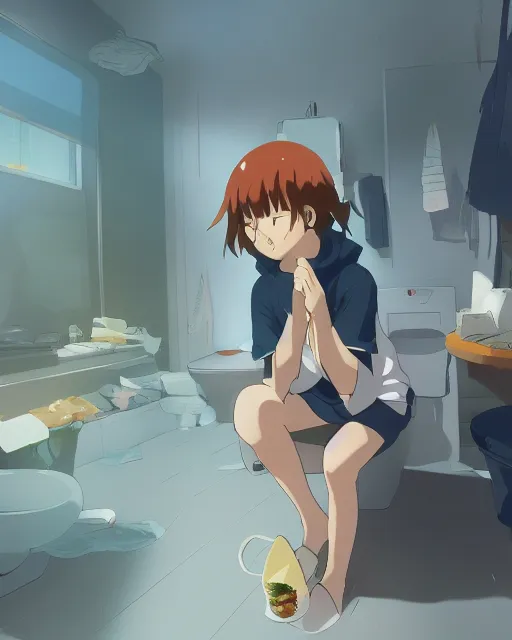 Image similar to a girl sitting on the toilet eating toast in a cluttered room, wearing a hoodie, anime scene by Makoto Shinkai, digital art, 4k