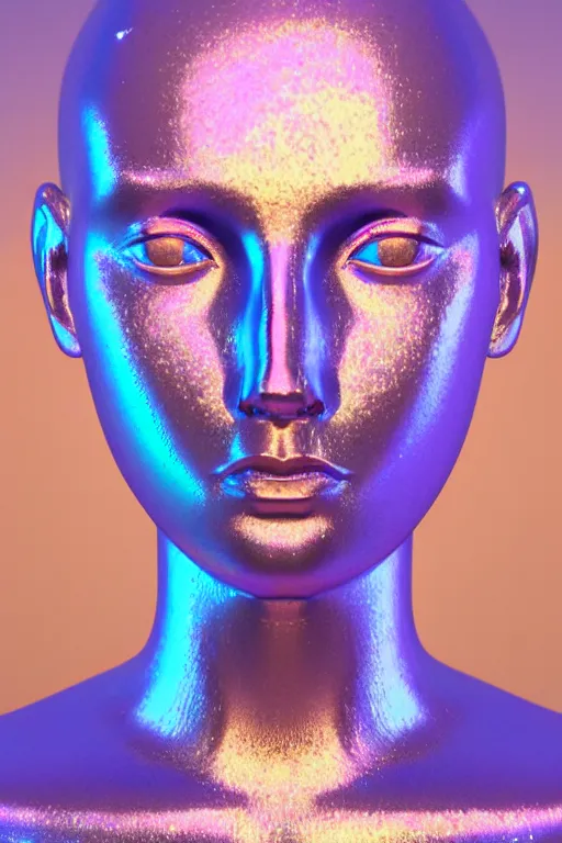Image similar to 3d render of holographic human robotic bust made of glossy iridescent, bust, surrealistic 3d illustration of a human non-binary, non binary model, 3d model human, cryengine, made of holographic texture, holographic material, holographic rainbow, concept of cyborg and artificial intelligence