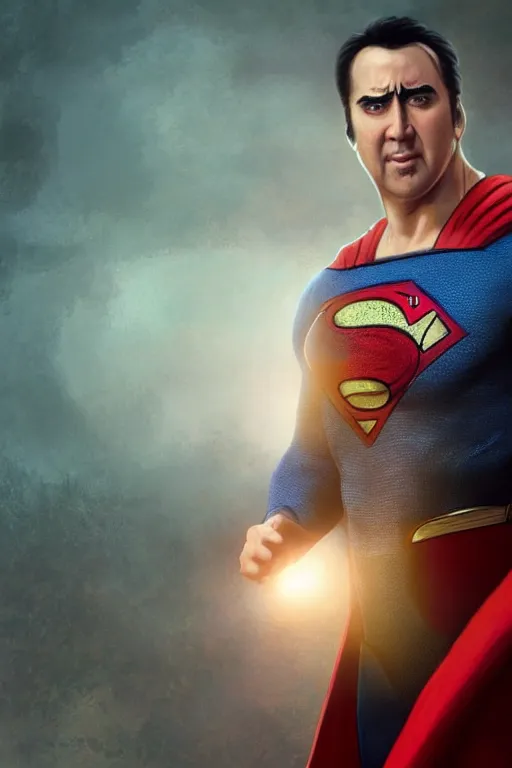 Image similar to Nicolas Cage as superman, dark cinematic lighting, intricate, elegant, highly detailed, digital painting, artstation, painted by Artgerm and Mark Waid and Greg Rutkowski