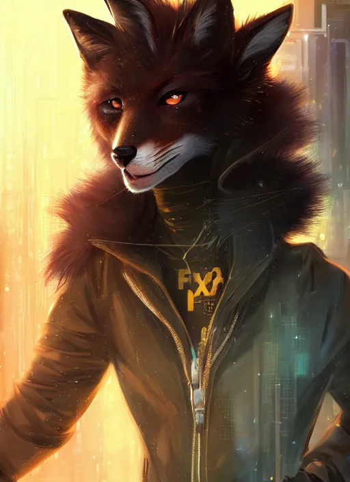 Image similar to award winning beautiful portrait commission of a male furry anthro melanated fox fursona with a tail and a cute beautiful attractive detailed furry face wearing stylish black and gold cyberpunk clothes in a cyberpunk city at night while it rains. Character design by charlie bowater, ross tran, artgerm, and makoto shinkai, detailed, inked, western comic book art