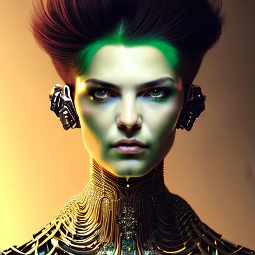 Image similar to woman with extremely large and intricate haircut with angry green eyes and slim features looking askance, eye cyberpunk bionics, retro futurist style, intricate, elegant gleaming intricate baroque jewelry, angelic halo, highly detailed, digital painting, artstation, concept art, smooth, sharp focus, illustration, art by wlop, mars ravelo and greg rutkowski,