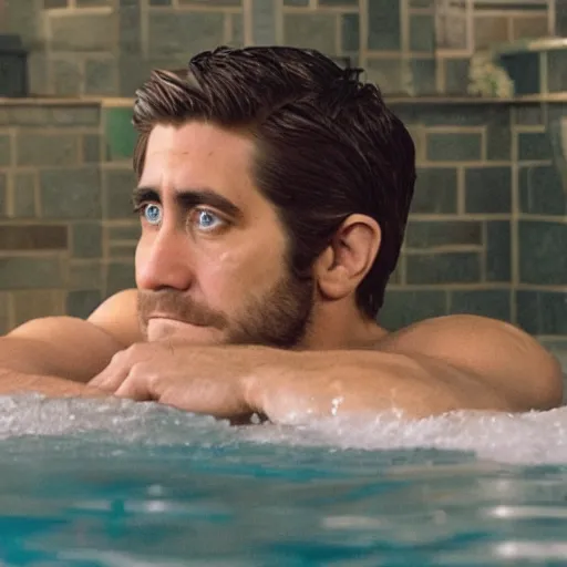 Prompt: move poster cinestill of Jake Gyllenhaal sitting in a hot tub in the movie Waiting for Kristin