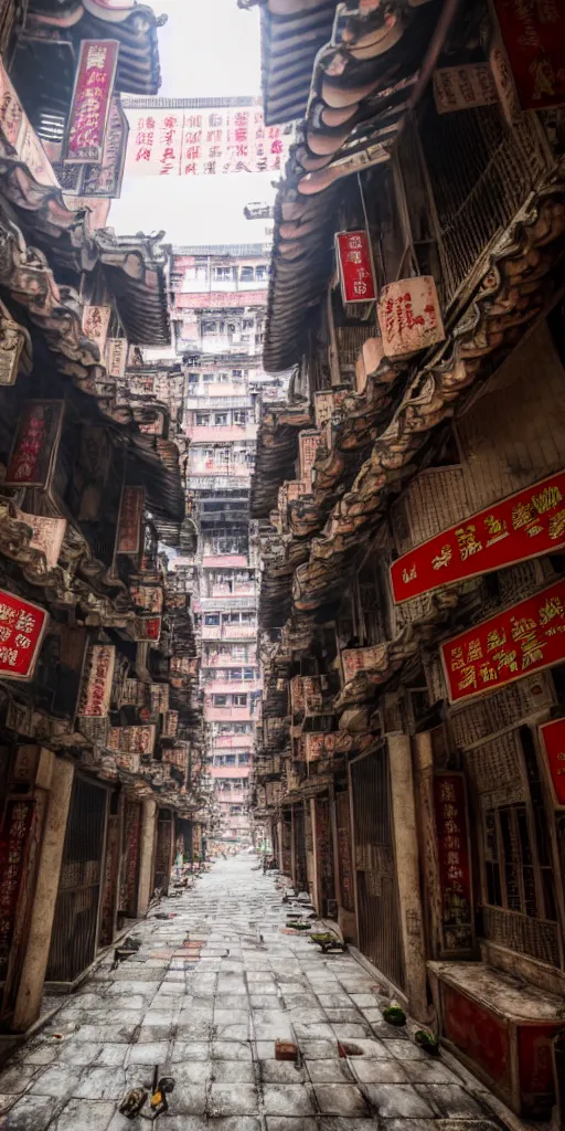 Image similar to an interior view of Kowloon walled city in Hong Kong, flat lay, flat perspective, front perspective, very detailed, photoreal, 8k,