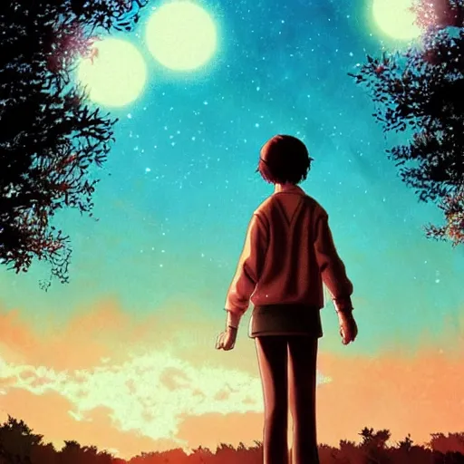 Prompt: Eleven from Stranger things by Makoto Shinkai , character,anime, landscape!!