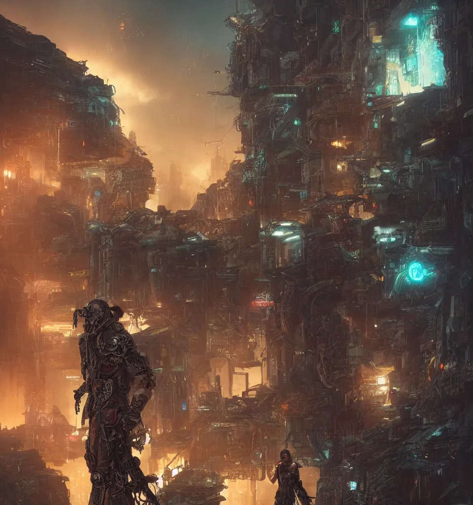 Image similar to cyberpunk gladiator, cinematic, highly detailed, octane render, cg, rich cinematic atmosphere, perfect digital art, mystical journey in strange world, Mystical, cyberpunk, tech war, sci-fi, surreal, glowing lights, sharp focus, high detailed, by Akihiko Yoshida, michael whelan and Karol Bak