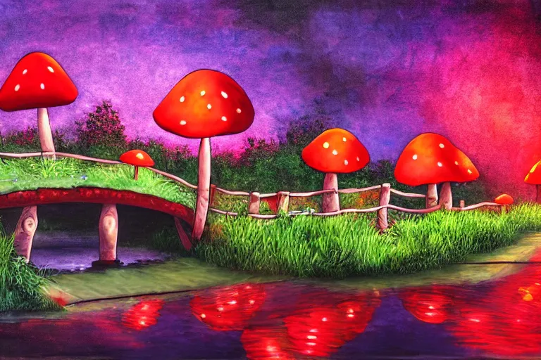 Prompt: a painting of giant mushrooms with lights next to a small bridge, flowing water, digital art, scenic, reds, purples, pink, reflections,