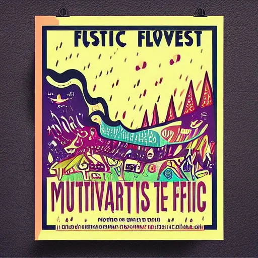 Prompt: “ illustrated poster advertising a music festival where it constantly rains and nobody has fun ”