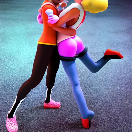 Image similar to super mario in tights kissing princess peach in yoga pants, highly detailed, extremely high quality, hd, 4 k, 8 k, canon 3 0 0 mm, professional photographer, 4 0 mp, lifelike, top - rated, award winning, realistic, detailed lighting, detailed shadows, sharp, no blur, edited, corrected, trending