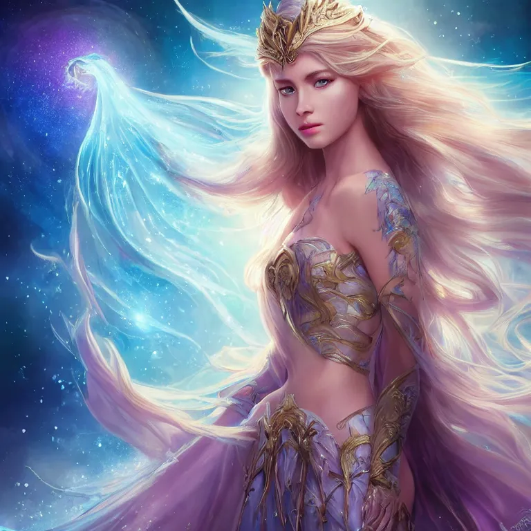 Image similar to beautiful cinematic fantasy poster, a beautiful princess like a disney princess hybrid with flowing illuminated hair, beautiful glowing galaxy eyes, wideshot ultrawide angle epic scale, hybrid from The Elden Ring and art direction by Darius Zawadzki ;by artgerm; wayne reynolds art station; cinematic quality character render; low angle; ultra high quality model; production quality cinema model;