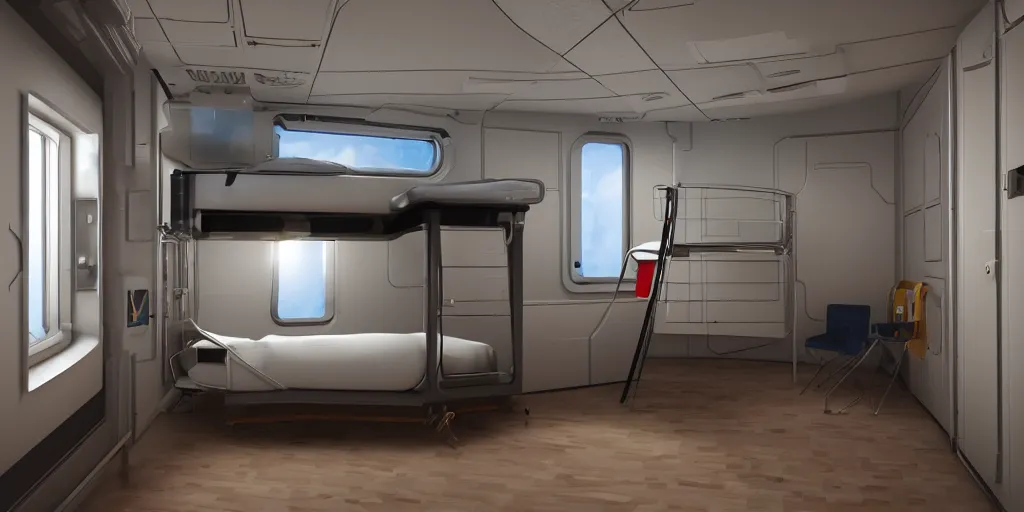 Prompt: Room of a spacecraft, with a bunk bed, Dark and light mixture, Light light atmosphere, soft light, warm tones, lights, gloom and lights, warm tones, warm colors, photo realistic, playing, CGI, Unreal Engine, Hdri