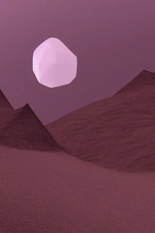 Prompt: geometric 3 d render, dark color palate, mountains with a crescent moon stars