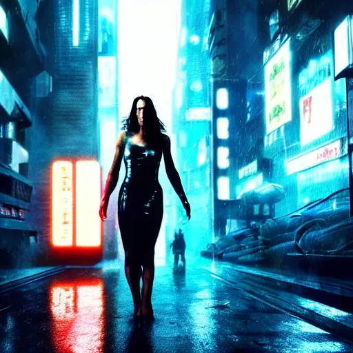 Image similar to jennifer connelly starring in a cyberpunk movie in a distopic futuristic city in the style of bladerunner, movie still, highly detailed, rainy night, volumetric lights, dramatic, scifi, sharp focus, medium shot