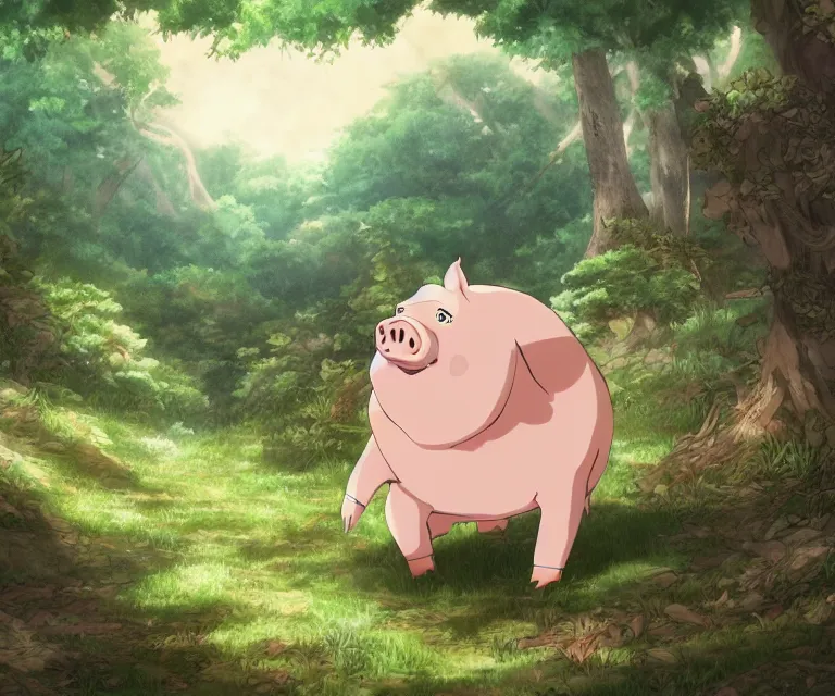 Prompt: pig in a forest, anime fantasy illustration by tomoyuki yamasaki, kyoto studio, madhouse, ufotable, comixwave films, trending on artstation