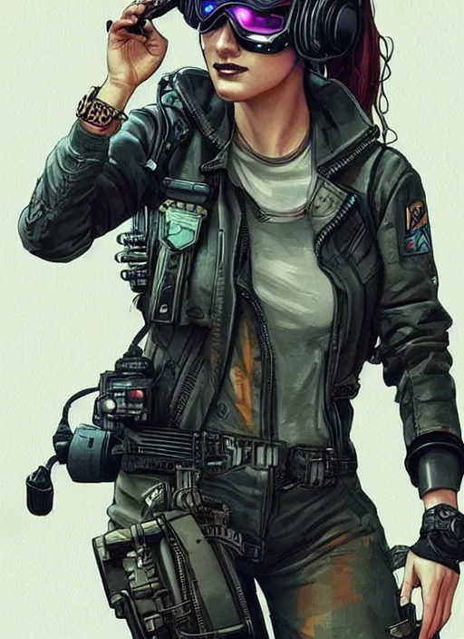 Prompt: Feminist Sara. Gorgeous female cyberpunk hacker wearing a cyberpunk headset, military vest, and pilot jumpsuit. gorgeous face. Realistic Proportions. Concept art by James Gurney and Laurie Greasley. Moody Industrial skyline. ArtstationHQ. Creative character design for cyberpunk 2077.