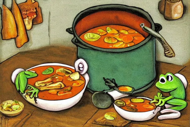 Image similar to frog cooking a pot of stew, folk art, childrens book illustration