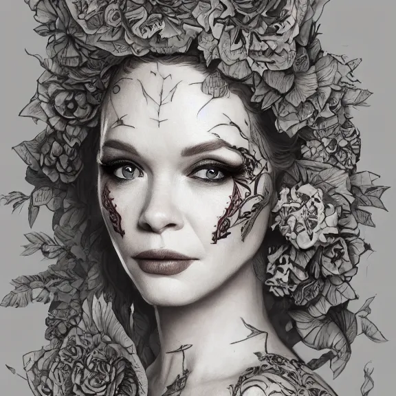 Image similar to christina rene hendricks as a female warrior, body covered in floral tattoos, d & d, fantasy, highly detailed, digital art, trending on artstation, smooth, sharp focus, illustration, art by peter tang and artgem