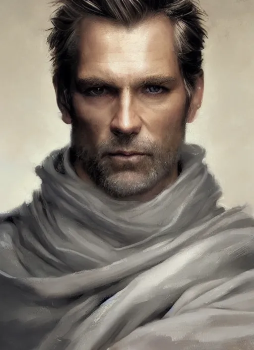 Image similar to a clean shaven man aged 4 0 with tousled blonde hair and hazel eyes and a friendly expression. he is handsome and wearing a grey cloak. head and shoulders portrait painting by greg rutkowski and raymond swanland.