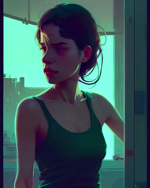 Prompt: neo - noir, hyper - realistic portrait of a girl in a tank top, intricate, 4 k, by atey ghailan, by greg rutkowski, by greg tocchini, by james gilleard, by joe fenton, by kaethe butcher, dynamic lighting, lighting color scheme, sharp focus, grunge aesthetic