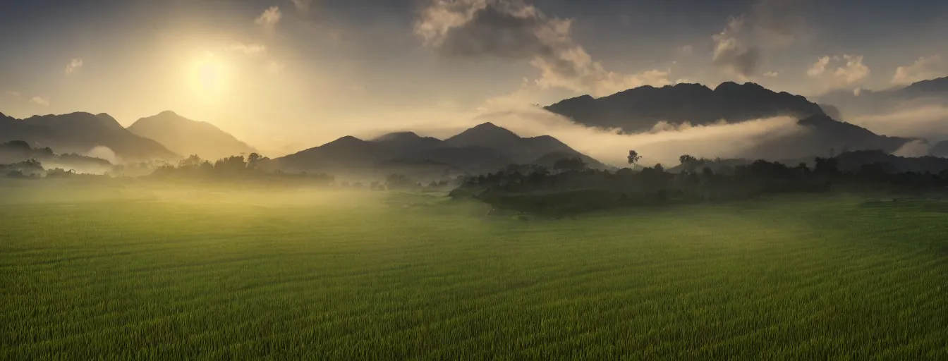 Prompt: Photo of paddy field of Baling with several village and rolling mountain at the background, wide angle, volumetric light, fog, mist, morning, hyperdetailed, light water, artstation, cgsociety, 8k