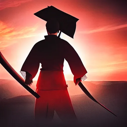 Prompt: epic movie cover depicting a samourai facing the sunset, cinematic lighting