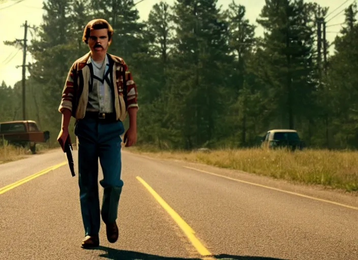 Image similar to film still of jim hopper as steve harrington in stranger things, 8 k