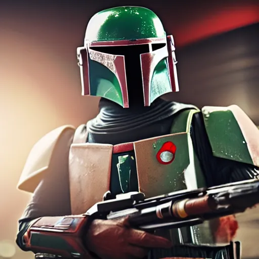 Prompt: photo of Boba fett playing roulette, high quality, cinematic, 4k, strong bokeh