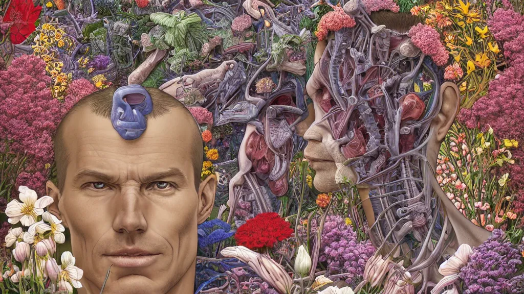 Image similar to highly detailed illustration of a human anatomy head surrounded by all the known species of flowers by juan gatti, by moebius!!, by oliver vernon, by gottfried bammes, by joseph moncada, by damon soule, by manabu ikeda, by kyle hotz, by dan mumford, by kilian eng