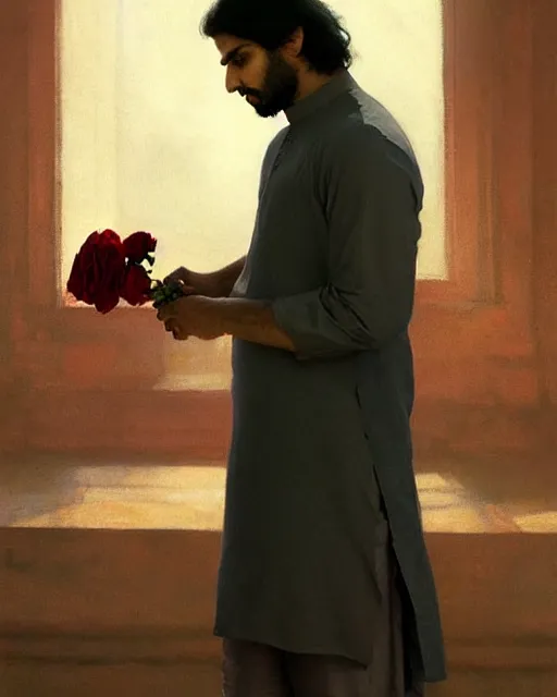 Image similar to a guy in a kurta waiting for his love to come, holding roses, art by greg rutkowski, gustave courbet, rosa bonheur, edward hopper. faithfully depicted facial expression, perfect anatomy, sharp focus, global illumination, radiant light, detailed and intricate environment, trending on artstation