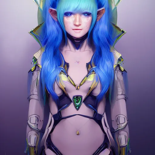 Image similar to art championship winner trending on artstation portrait of a goddess elven mecha warrior princess, head and shoulders, blue hair, matte print, pastel neon, cinematic highlights, lighting, digital art, cute freckles, digital painting, fan art, elegant, pixiv, by Ilya Kuvshinov, daily deviation, IAMAG, illustration collection aaaa updated watched premiere edition commission ✨✨✨ whilst watching fabulous artwork \ exactly your latest completed artwork discusses upon featured announces recommend achievement