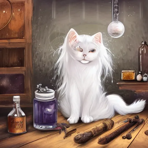 Image similar to a full body beautifull witch with white hair in an old room a cristal ball in a wood table with a potions and old instruments in the floor a white cat licking his paw in a fantasy style paiting