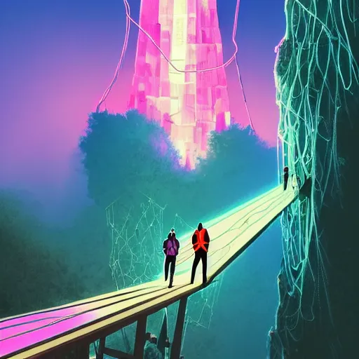 Image similar to comic book art of a [ man ] in trenchcoat with ( glowing ) crossing a [ old ] [ rope ] bridge in a [ jungle ] looking up at a [ mountain ] made of crystalized pink rock, a [ glowing tower ] extends into the sky, low angle, artstation illustration, elegant, cyberpunk, volumetric fog, arcane by tim doyle