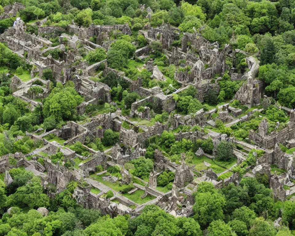 Image similar to medieval elven city, built into trees and stone