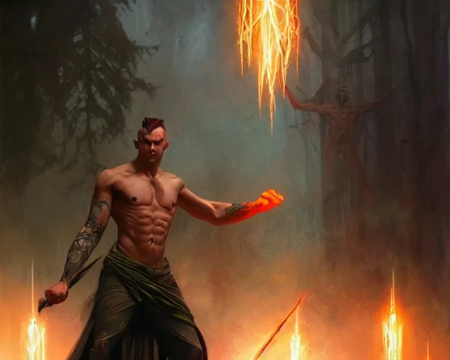 Prompt: handsome tattooed gym bro sorcerer lightning magic spell vfx, diagonal spell vfx, fantasy game spell, fantasy epic digital art, by greg rutkowski, gaston bussiere, craig mullins, j. c. leyendecker, tom of finland