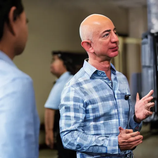 Image similar to jeff bezos being abusive towards his employees and forcing them to work without toilet breaks, sharp focus, hyper realistic, sony 5 0 mm lens