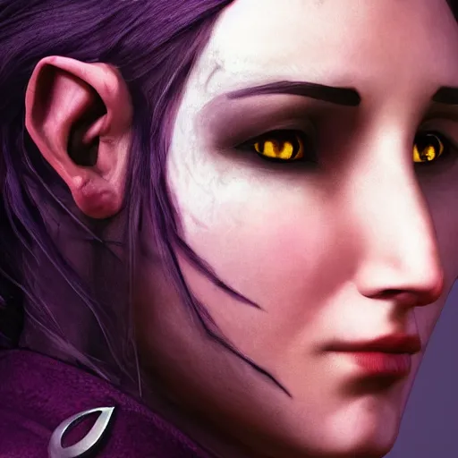 Image similar to yennefer as a medieval fantasy tolkien elf, dark purplish hair tucked behind ears, wearing leather with a fur lined collar, wide face, muscular build, scar across the nose, cinematic, character art, real life, 8 k, detailed.