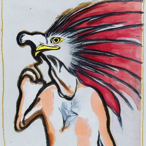 Image similar to human / eagle hybrid with one big beak, drawn by francis bacon